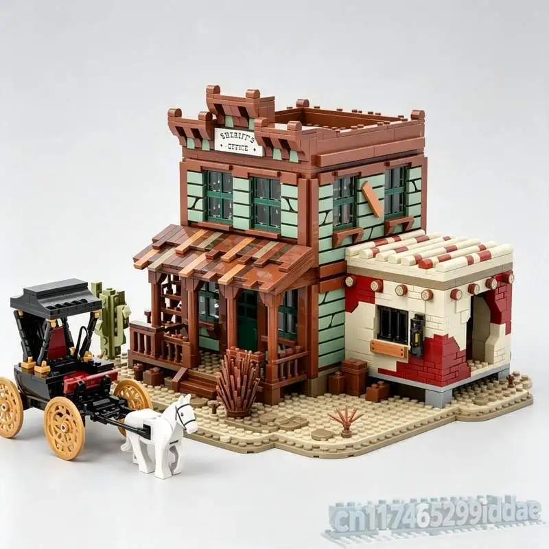 MOC Western Bandit Breakout Sheriff Office Building Blocks Model 2348Parts Wild West Town Street View Bricks DIY Assembly Gift