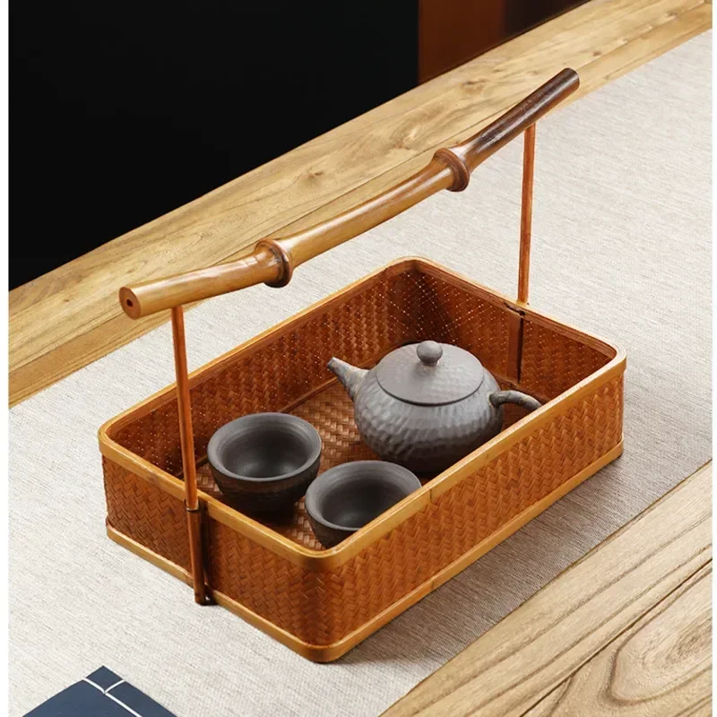 

Chinese Retro Organize Baskets Natural Bamboo Woven Dim Sum Dish Multi Functional Tea Set Storage Convenient Handle Fruit Plate