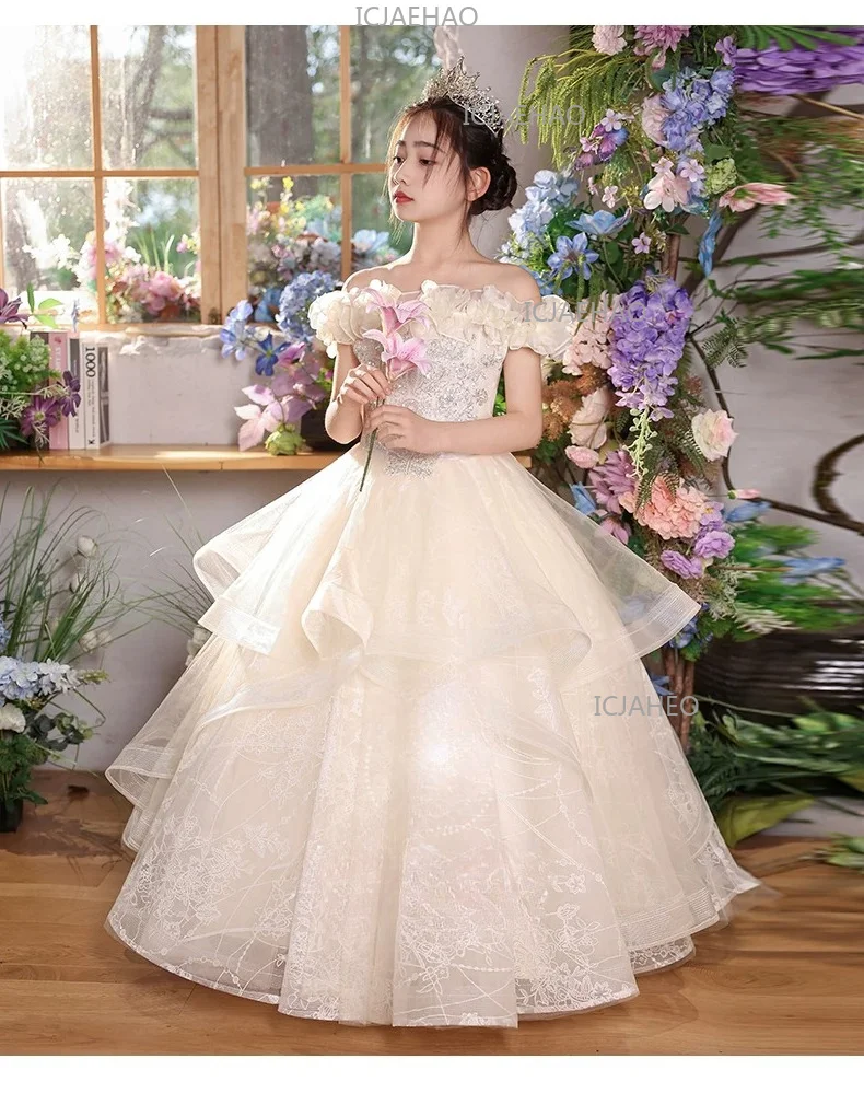 Off Shoulder Girls Wedding Host Dress For Kids Piano Performance  Children Costume Gown, Luxury Unique Elegant Princess