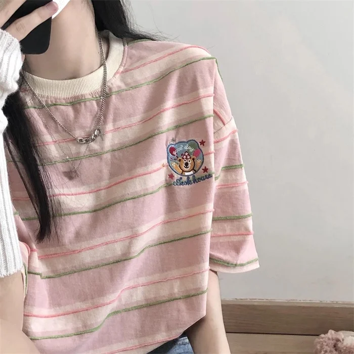 

Dopamine Stripe Bear Embroidery Cute Short Sleeve T-Shirt Women Summer Loose Casual Pink Anti-aging Trendy Top round Neck