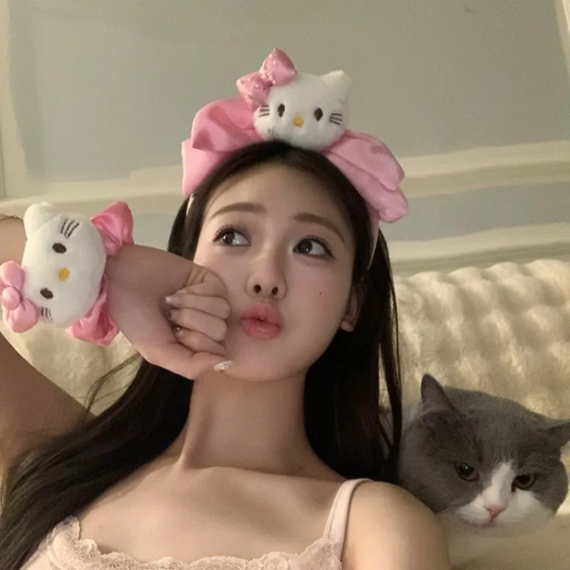 

Hello Kitty Hair Bands for Women Sanrio Hairband Anime Kt Bow Tie Hair Rope Headband Princess Style Issue Card Child Hair Rope