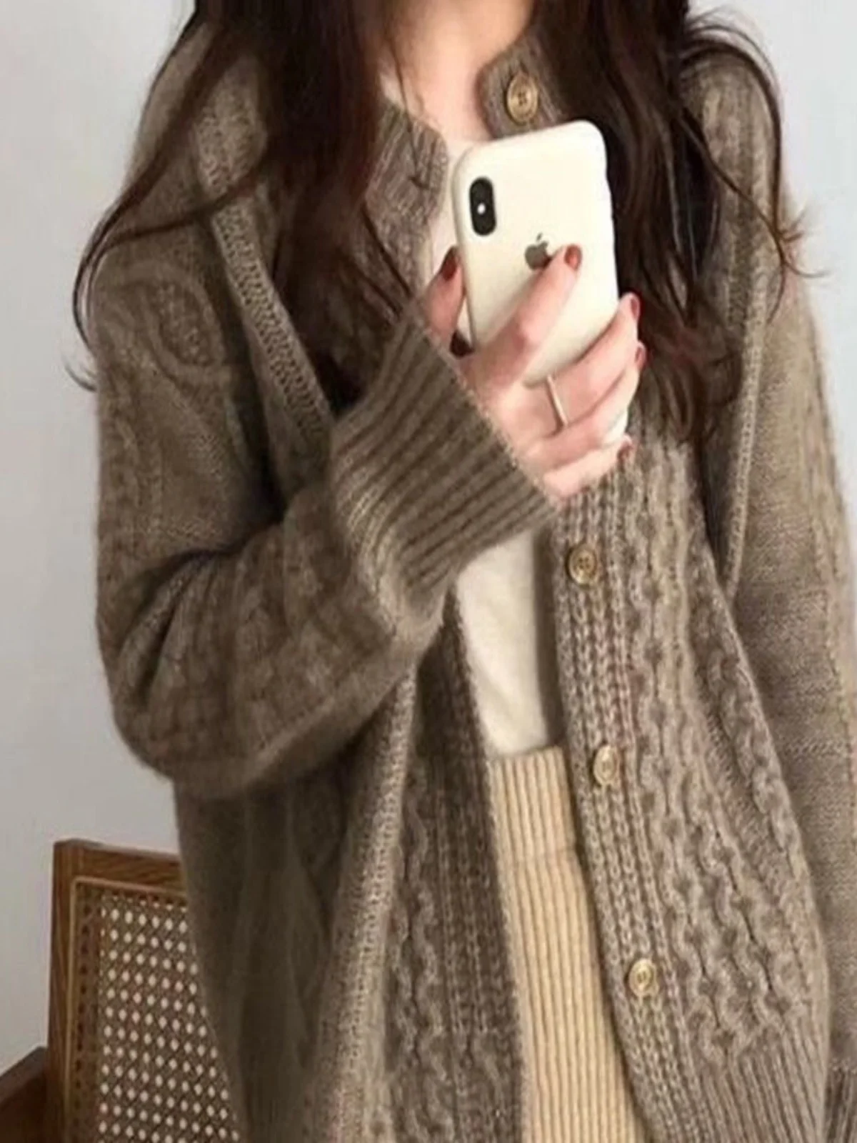 Kardigan Wol Tebal untuk Wanita, Sweater Rajut Tebal dengan Jahitan Kabel, Model Longgar, Gaya Modis dan Kasual