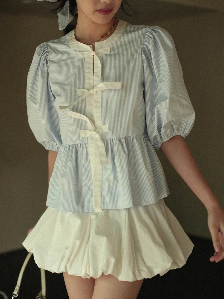 

Свободный хлопковый топ с круглым вырезом, в полоску, с узлом, в стиле Otherbela, для повседневной носки