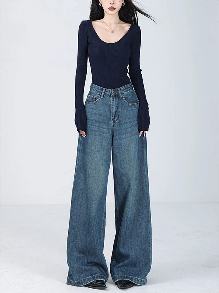 Blue Wide Leg Jeans Women Loose Spring Autumn All-match Chic Floor Length Simple Daily Highstreet Female Empire Ulzzang Leisure