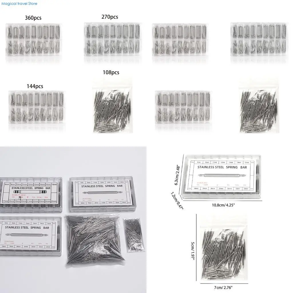 N2UB 108/144/270/360 pcs Watch Link Pins Remover Watchband Spring Bar Tool Set 8mm-25mm for Smartwatch Repair Watchstrap