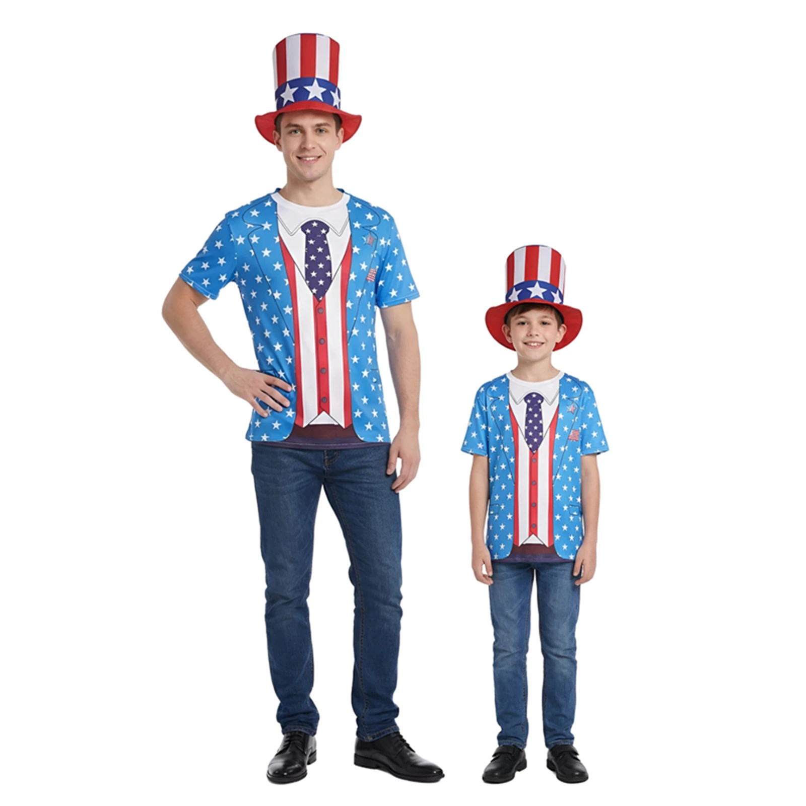 

American Independence Day Flag Print T-Shirt Hat Set for Adults Kids Families 4th Of July Kids Striped Cape With Accessories