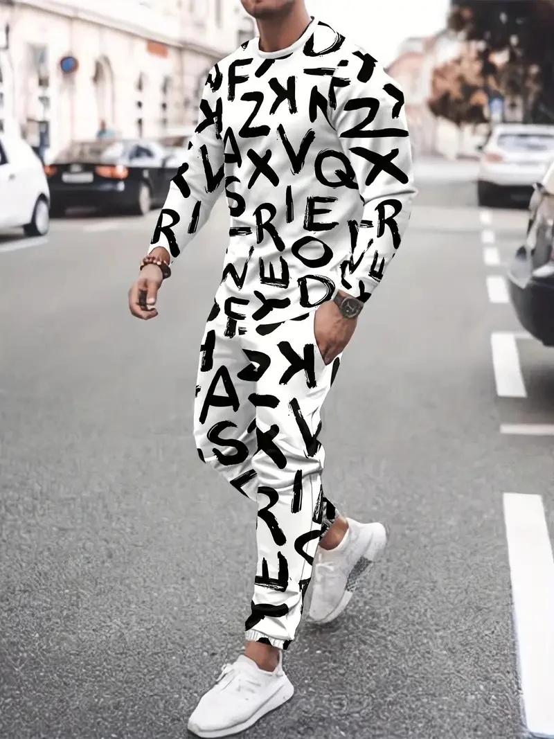 

Men's set with graffiti letters 3D printed long sleeved drawstring pants, casual and fashionable streetwear, sports jogging pant