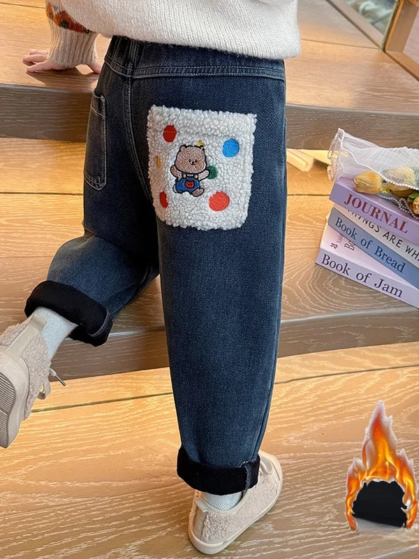 

Джинсы с мультяшной подкладкой в горошек для девочек, зимние теплые повседневные джинсы со стойкой, слегка эластичные джинсы на талии