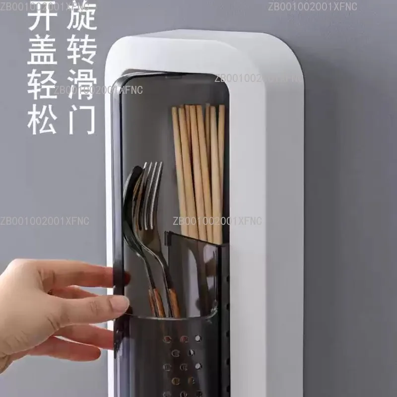 Punch-free Wall-mounted Rotatable Kitchen Chopsticks & Tableware Storage Rack with Drainage
