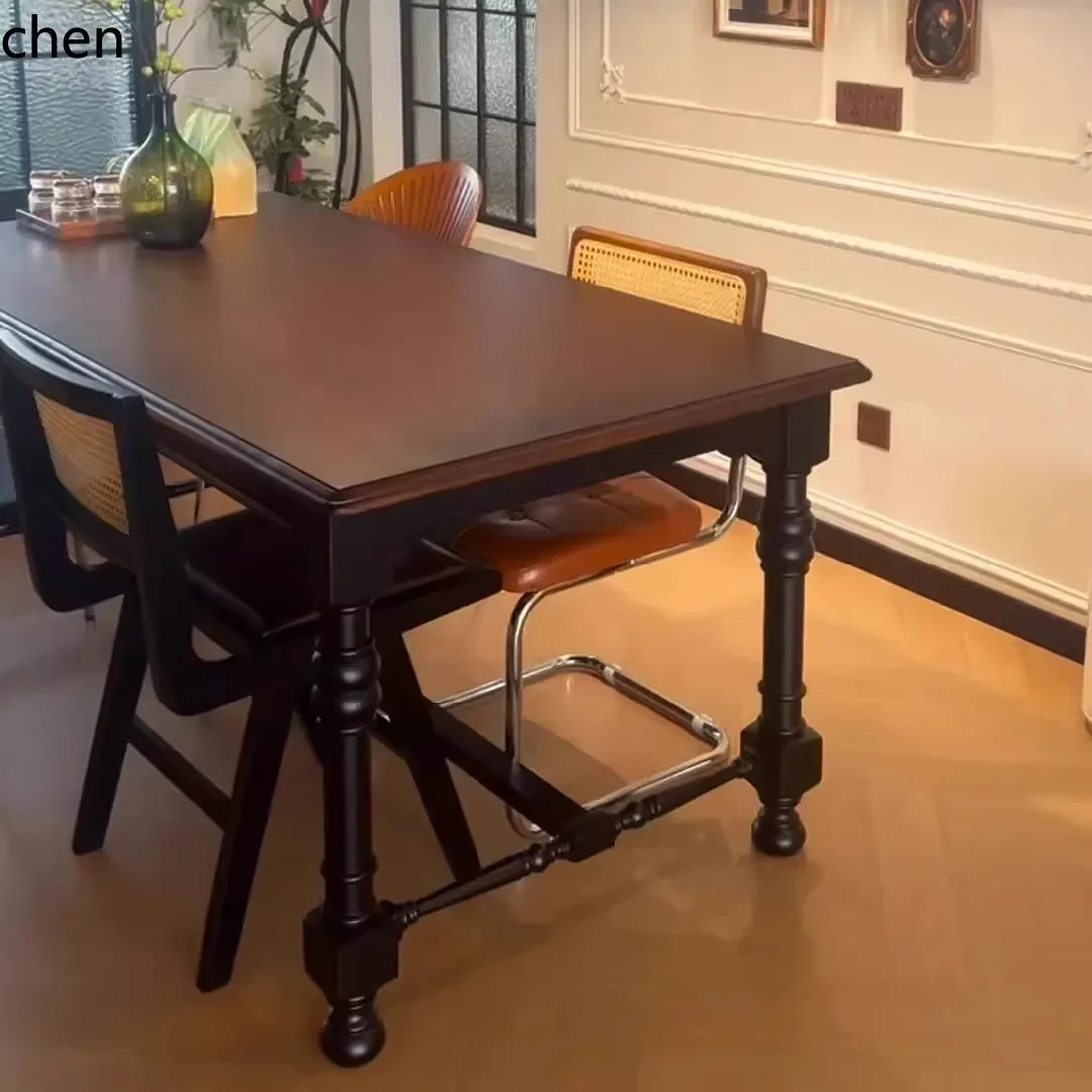 

H5.26 solid wood dining table retro style light luxury black rectangular table living room home dining table villa premium