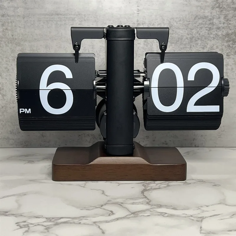 Wood Retro Mechanical Page Turning Clock, Home Office Desktop Decoration Page Turning Clock, Digital Table Clock