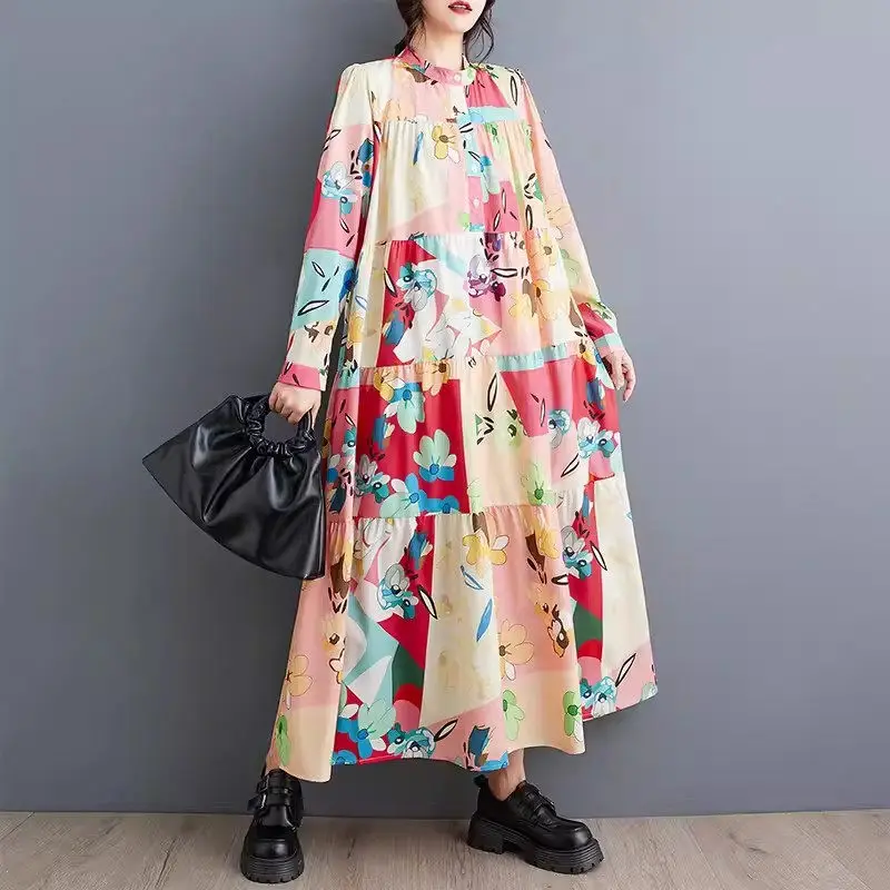 Casual Women Clothing 2024 Spring And Autumn New Korean Large Size Loose Fashion Long Sleeve Printed Medium To Long Dress K2309