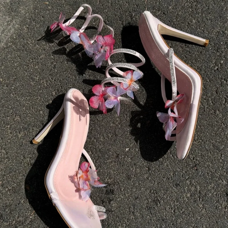 

Butterfly Rhinestone Flower Women Sandals Pink Stiletto Sandalias Femininas High Heels Wedding Party Lady Shoes Sandalias Mujer