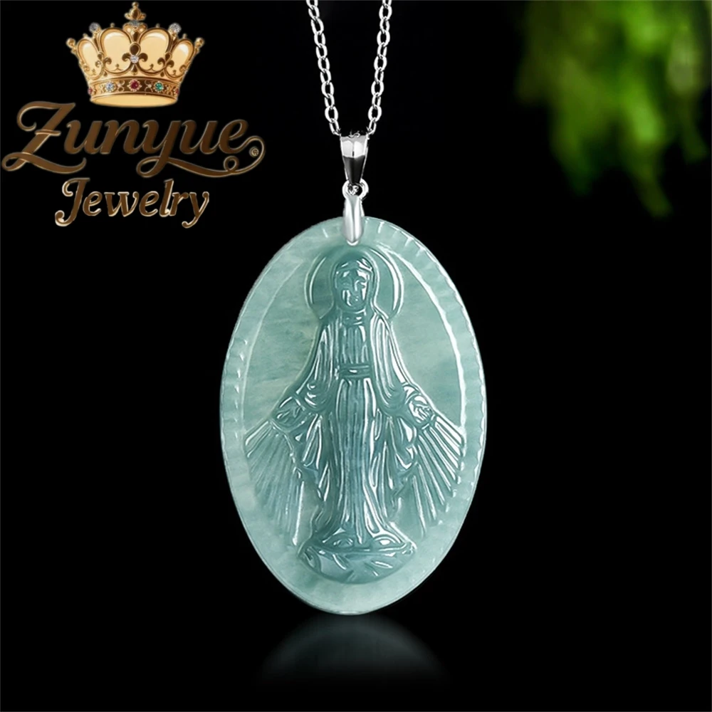 

Самый продаваемый высококачественный натуральный нефрит А-класса с голубой водой, кулон Девы Марии, нефритовое ожерелье, кулон, серебряный комплект S925, кулон