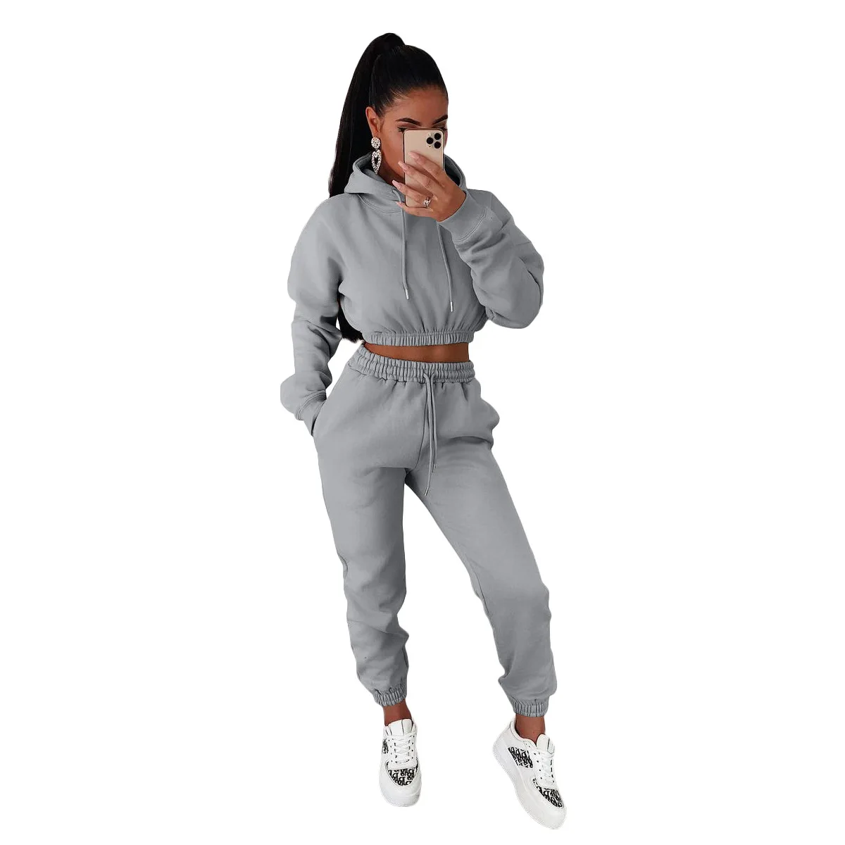 Custom logo winter thick warm short top hoodie 2-piece sports pants jogging set women\'s sportswear jogging set