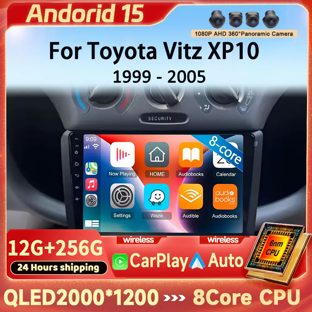 CarPlay Auto Android 15 para Toyota Vitz XP10 Yaris Platz Echo 1999 - 2005 Radio de coche reproductor de vídeo Multimedia GPS estéreo