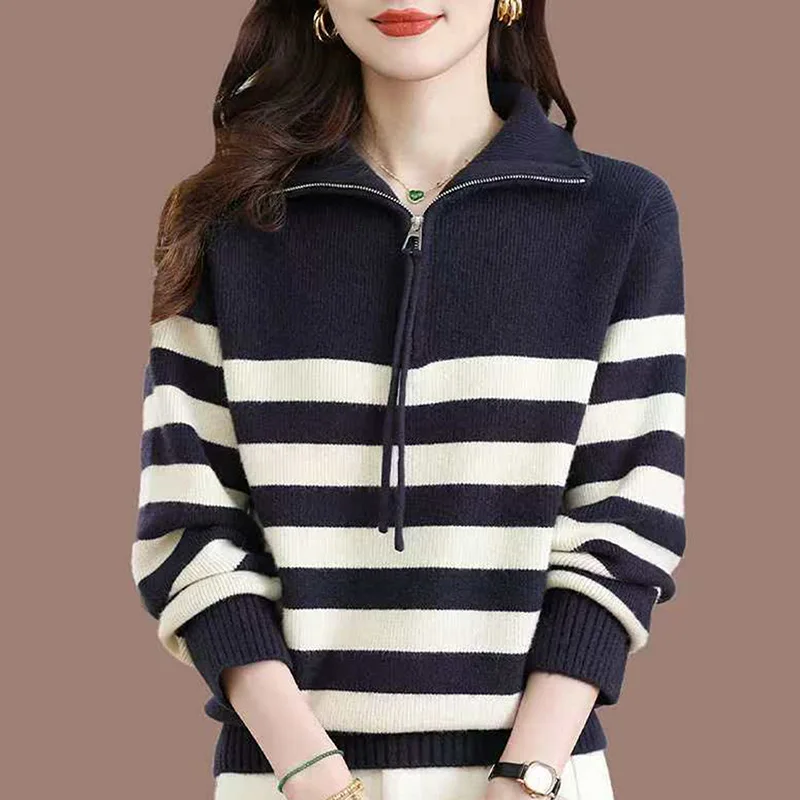 Women's Half Zip Collar Knit Sweater Autumn Winter Striped Loose Lazy Style Vintage Long Sleeve Pullover Top S-XL