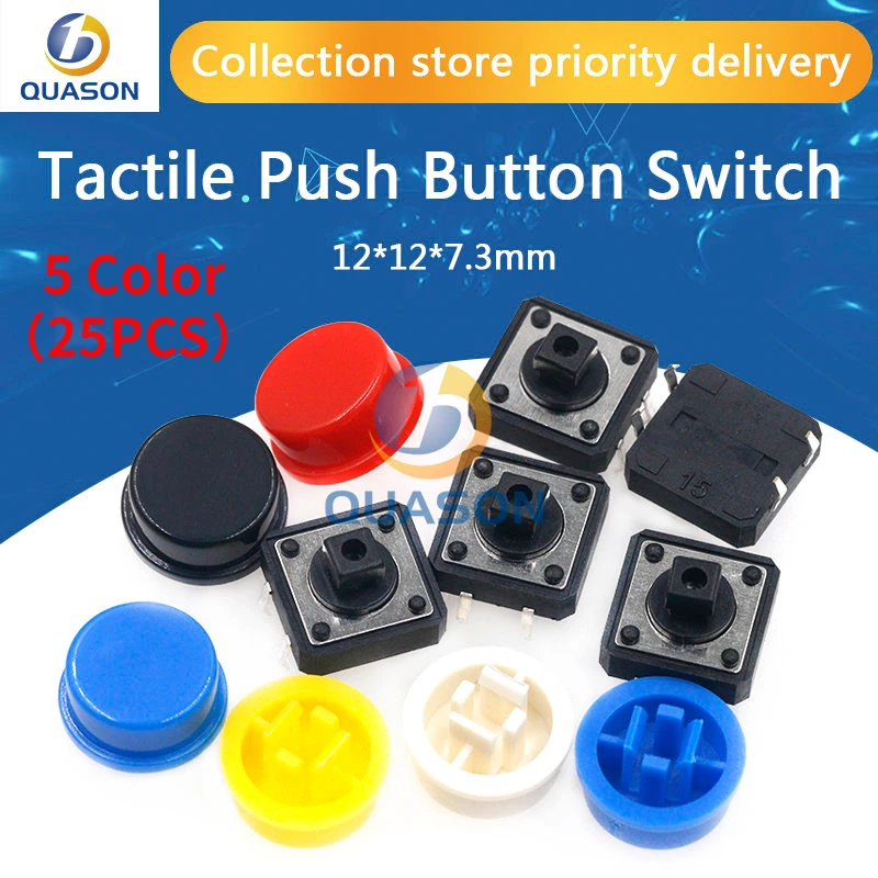 25PCS Tactile Push Button Switch Momentary 12*12*7.3MM Micro switch button + 25PCS Tact Cap(5 colors) for Arduino Switch