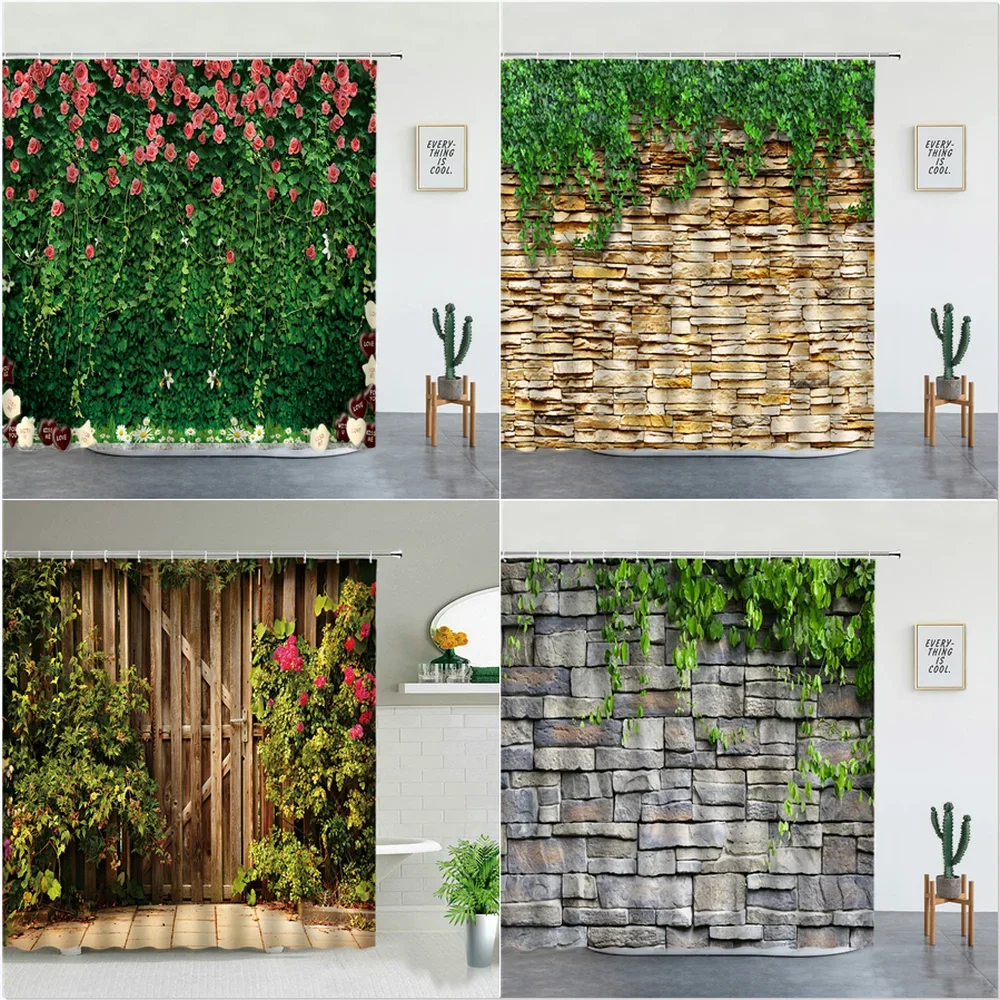 Flowers Plant Scenery Shower Curtains Set Floral Green Leaf Landscape Garden Wall Decoration Bathroom Decor Screen With Hooks