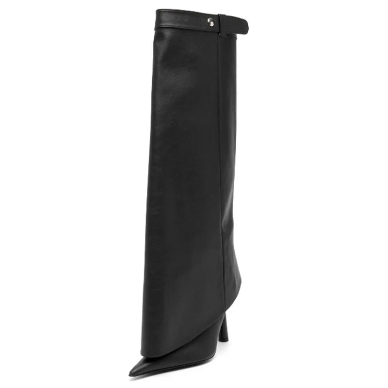 Arden Furtado 2025 Bblack PU Pantalones piernas botas Punta puntiaguda Slip-on Tacones de aguja Botas hasta la rodilla Botas de mujer de gran tamaño