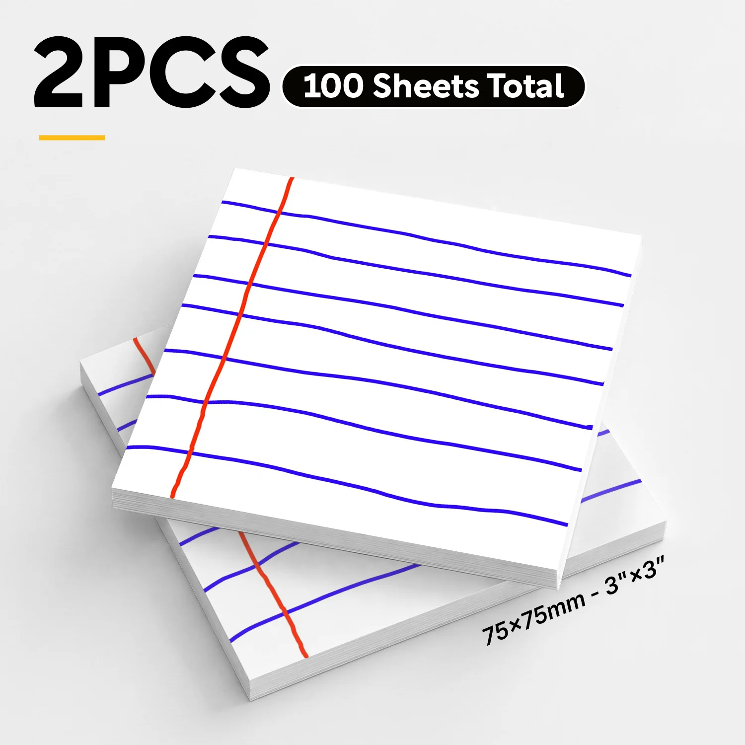 2pcs Lined Sticky Notes, Self-Stick Memo Pads, 100 Sheets Total,Notebook Paper Style Notepad, Removable Adhesive Notes for Study