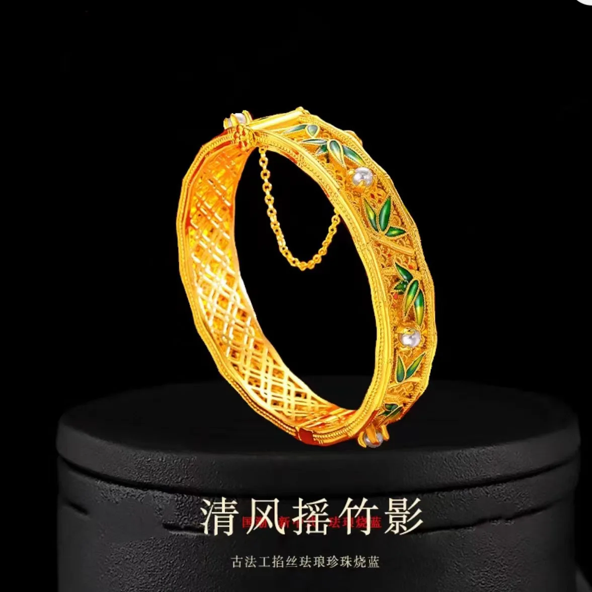 9999 real gold 24K yellow gold Enamel Bamboo Leaf Bracelet National Tide Ancient Method Opening Bracelet