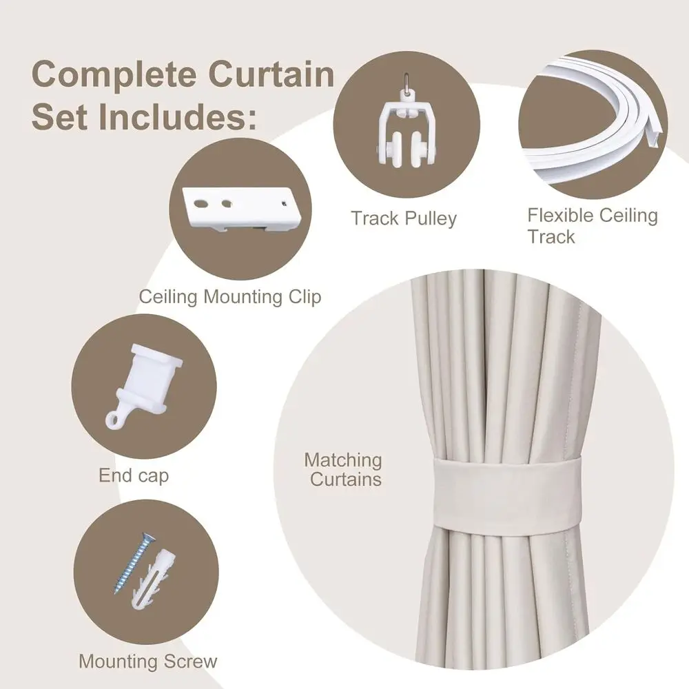 Flexible Ceiling Track Curtain Set, Beige Privacy Divider with White Rail for Living Spaces