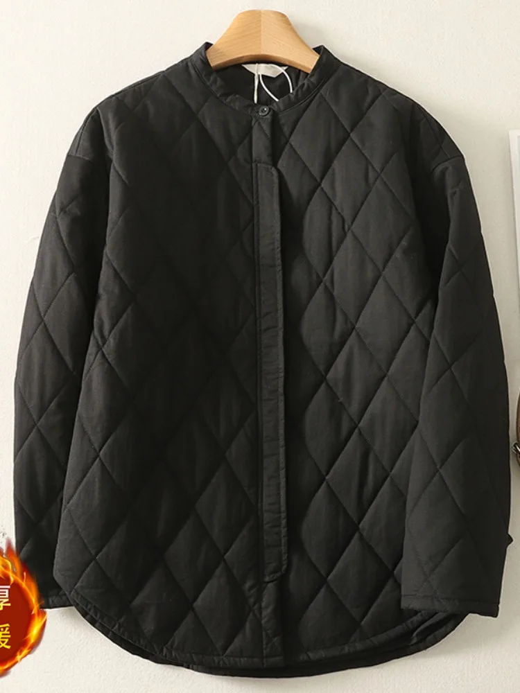 Retro Stitched Diamond Pattern Slim Fit Black Cotton Jacket Women's Winter Outerwear Thin Cotton Warm Unlined Cotton Coat