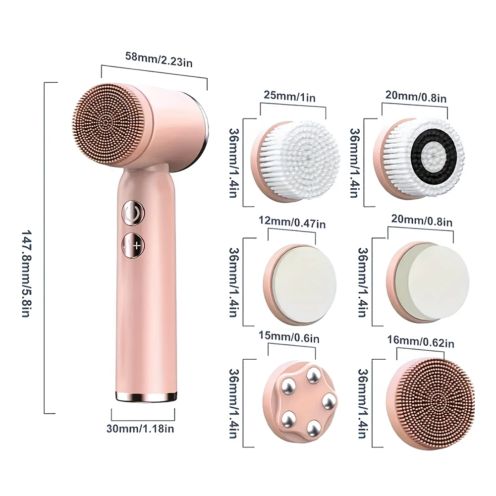 Brosse électrique de nettoyage du visage 6 en 1 avec 6 têtes de brosse, brosses de nettoyage en profondeur, brosse de nettoyage du visage Rechargeable
