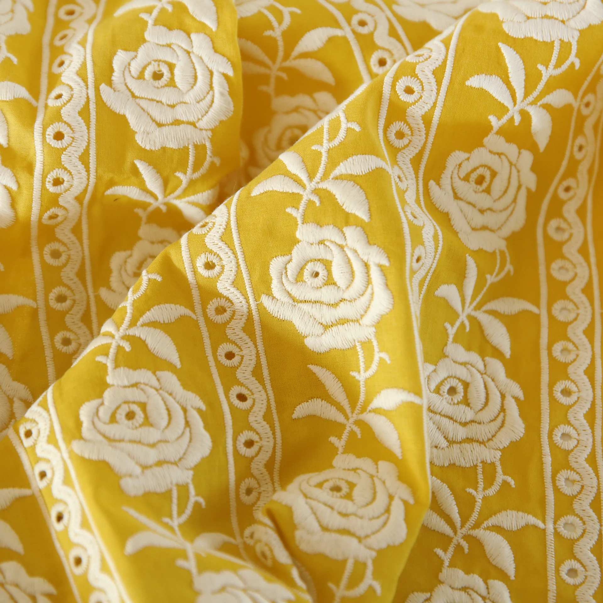 

French Cotton Yellow Rose Heavy Embroidery Handmade DIY Clothing Fabric For Wedding Dress Clothing Designer Fabric