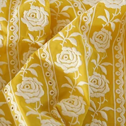 French Cotton Yellow Rose Heavy Embroidery Handmade DIY Clothing Fabric For Wedding Dress Clothing Designer Fabric