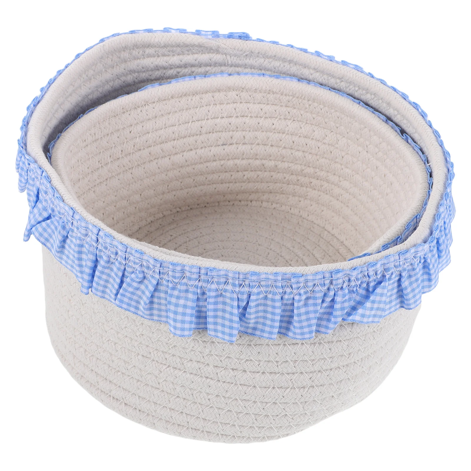 

2Pcs Woven Cotton Rope Basket Sea Salt Blue Lace Design Multi-Purpose Storage Organizer for Living Room Bedroom Desk Shelves