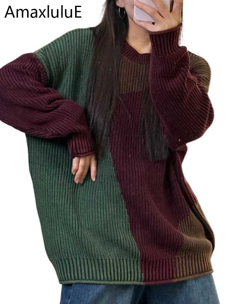 

Amax LuluE Autumn Ladies Vintage Knitted Pullover Fashion Big Size Sweaters Womens Leisure Loose Patchwork Warm O Neck Jumpers