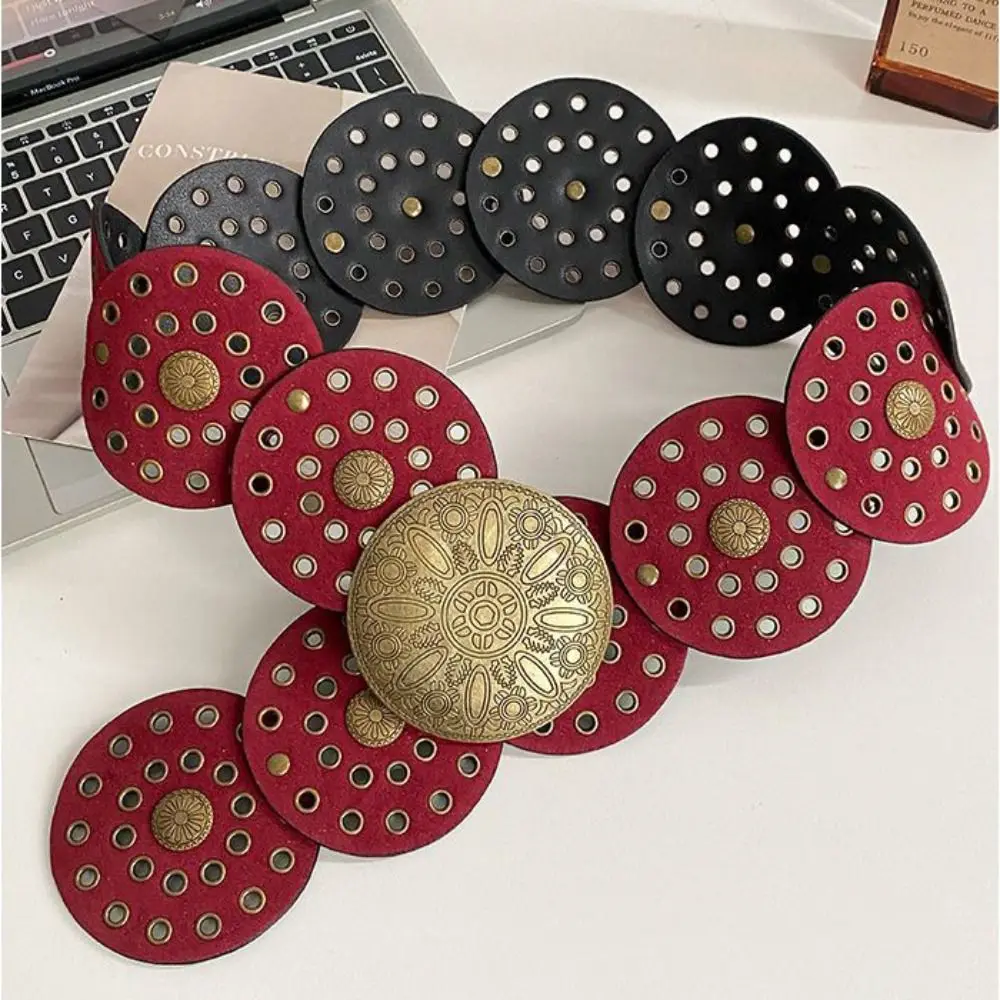 

Fashion Metal Round Buckle Belts Y2K Baroque Style Hollow Out Belts PU Leather Wide Cowboy Waistband Women