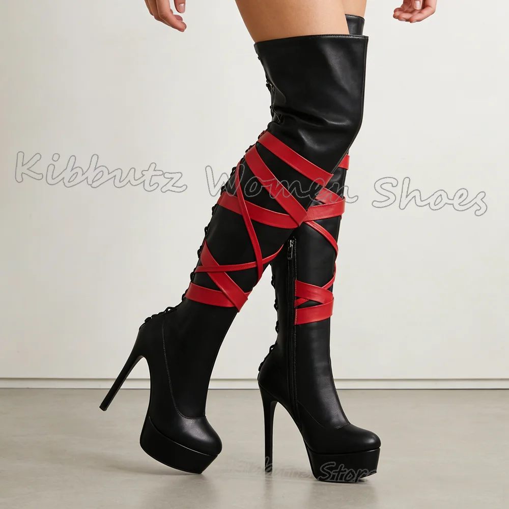 Cross Strap Platform Boots Over The Knee Patchwork Leather Round Toe Thin Heels Spicy Girls Shoes Fashion Novelty Sexy Elegant view 4
