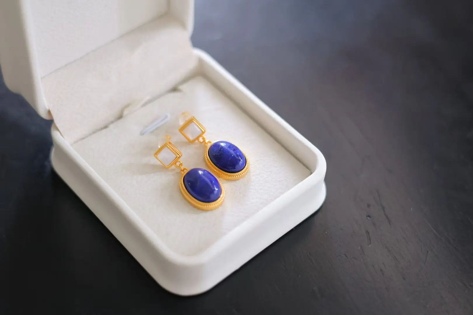 Certificate S925 Silver Natural Blue Lapis Lazuli White Shell Stud Ear Buckle Hook Authentic Rare Gems Earring Special Jewelry