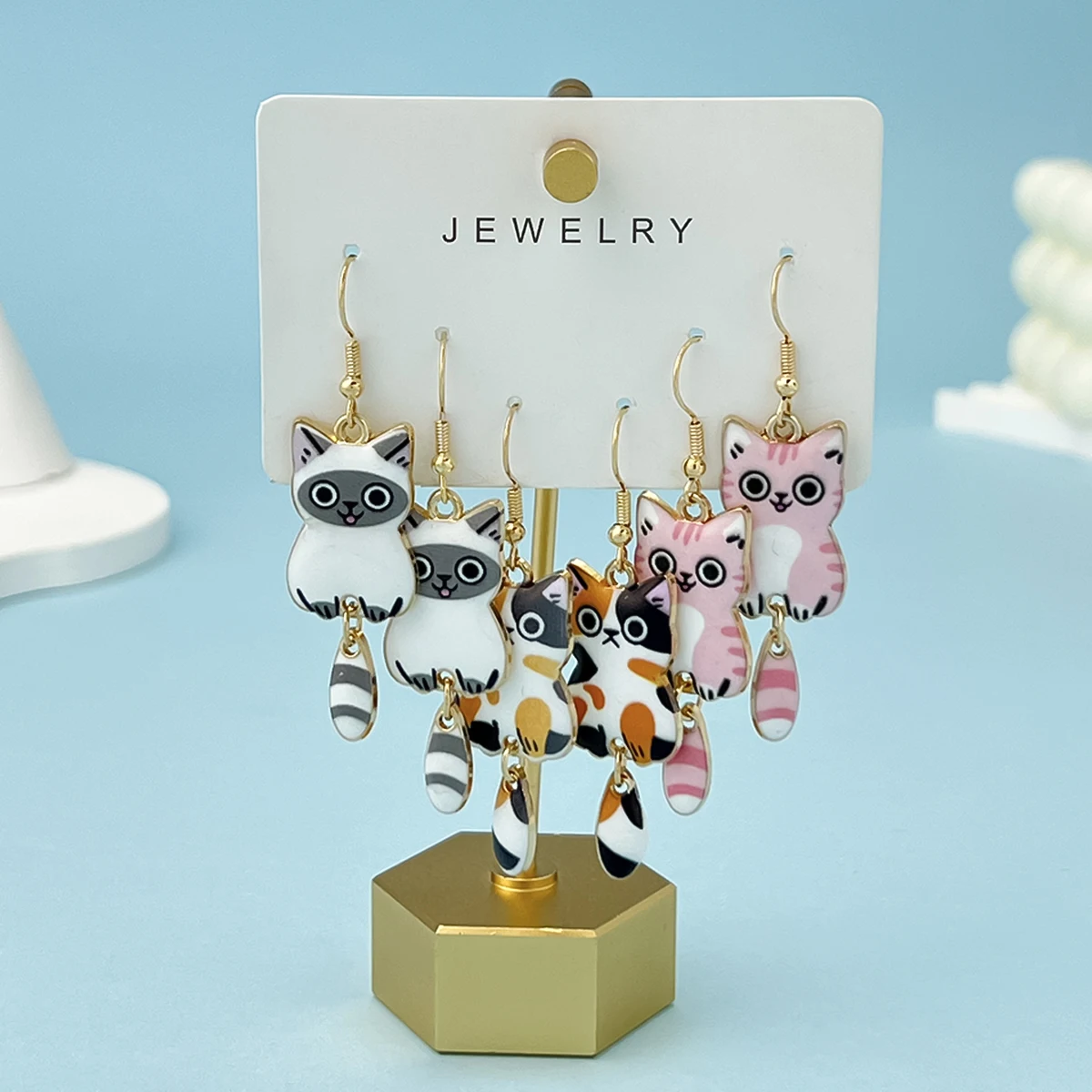 3 Pairs Cute Enamel Alloy Cat Dangle Earrings Set