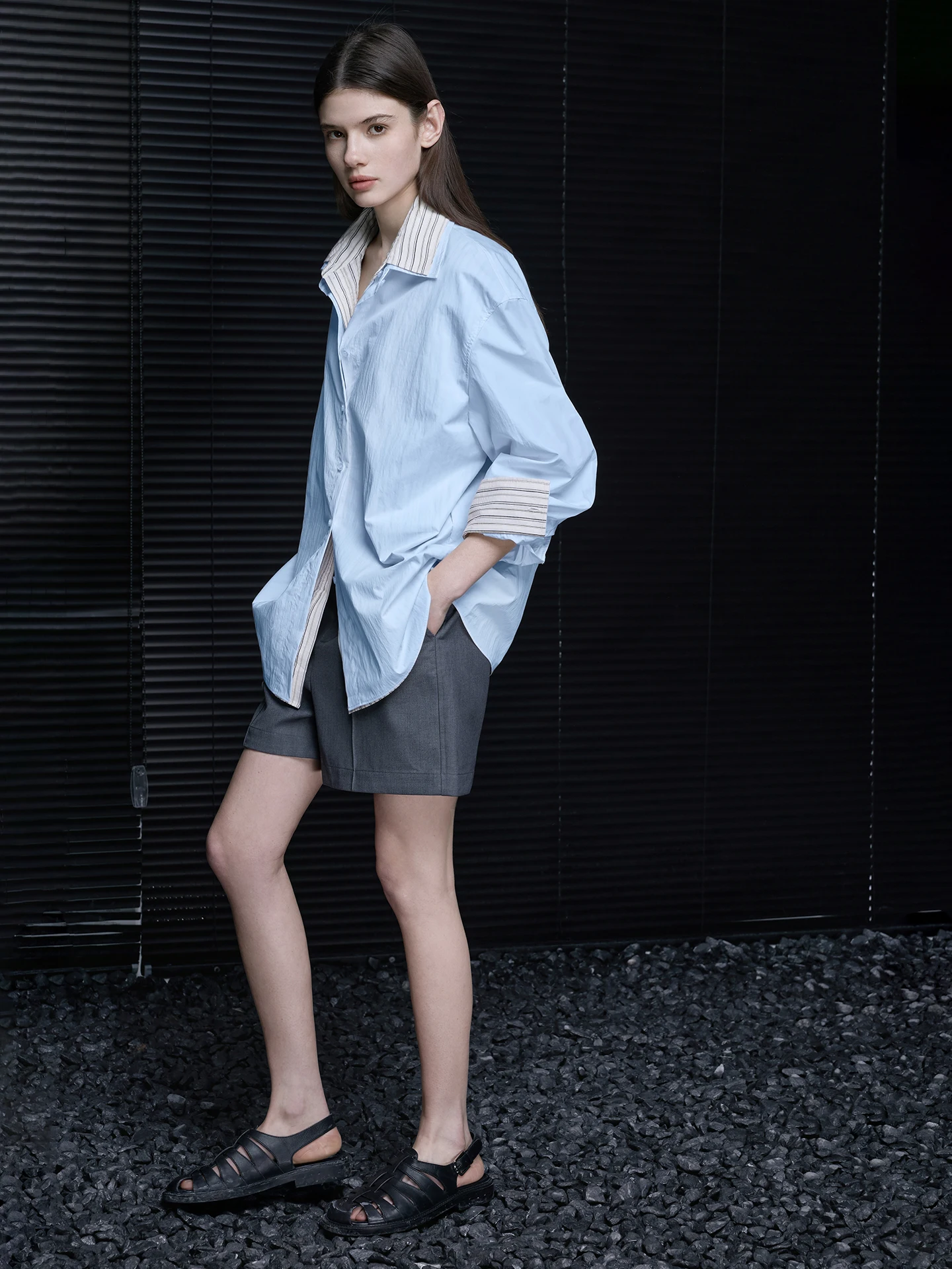 

Blue Long Sve irt Jaet Women's Spring 2026 New Patchwork Design Street Sle Loose Fit Breathable Cotton Nylon Blend