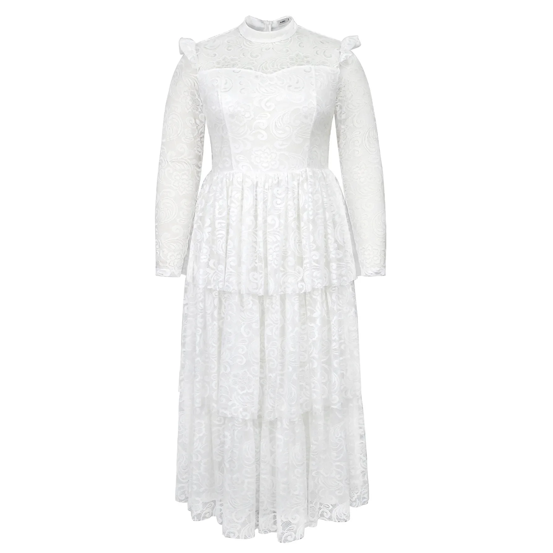 2024 New Autumn Retro Printed White Lace Dresses Mock Neck Long Sleeve See through High Waist Event Birthday Wedding Guest Gowns