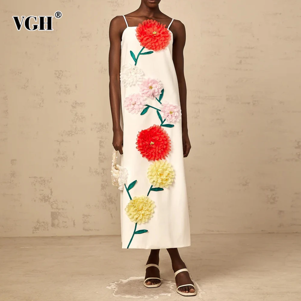 

VGH Casual Spliced Appliques Long Dresses for Women Camisole Sleeveless High Waist Backless Temperament Fashion Dress Female New