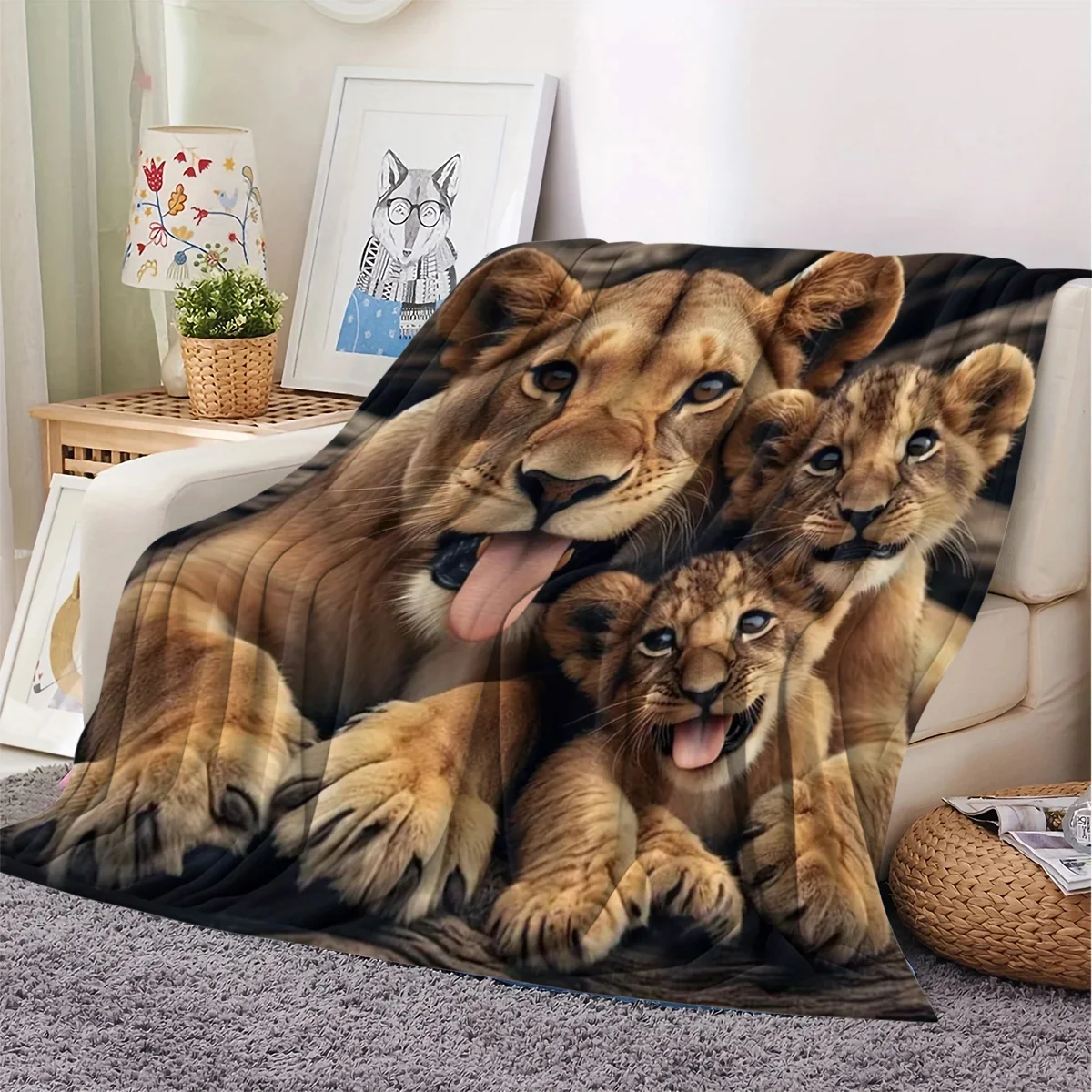 1 Lion Family Affection Pattern Flannel Blanket, Air Conditioning Blanket, Dormitory/Office Nap Blanket, Printed Blanket, Flanne