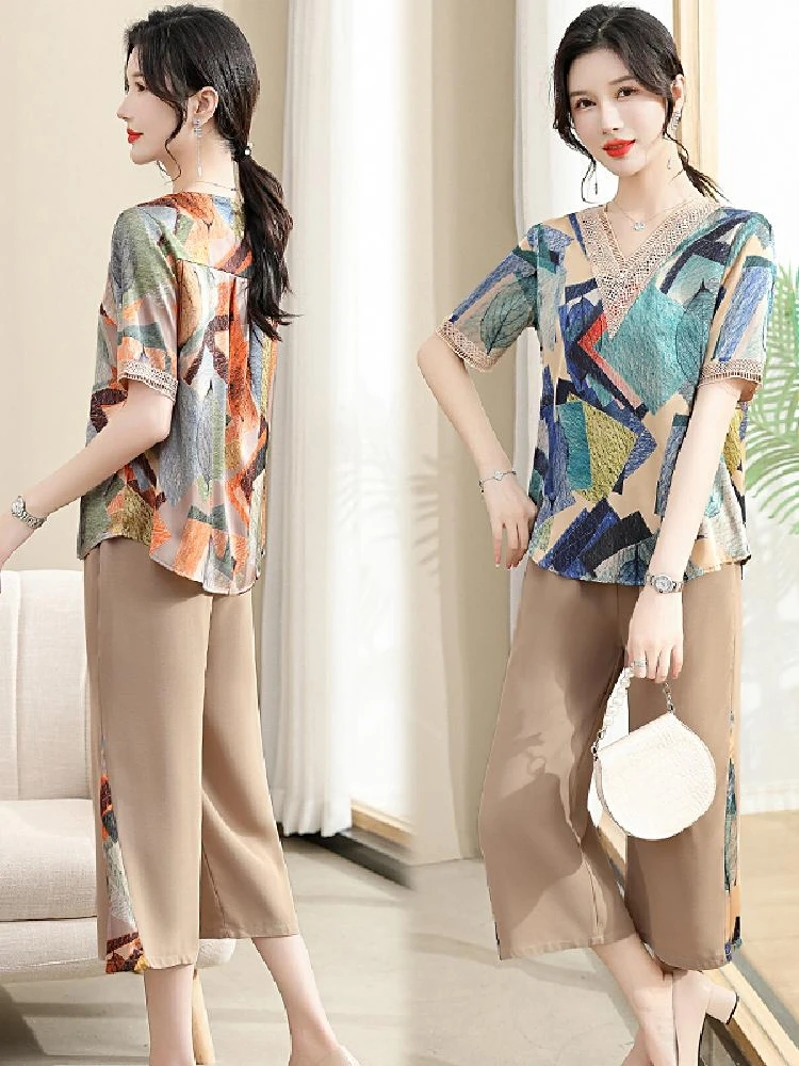 Estate New Sle Mommy Set in due pezzi Gonna midi e camicetta V-Ne Casual Loose Fit Regular Sve Lunghezza Modello vintage