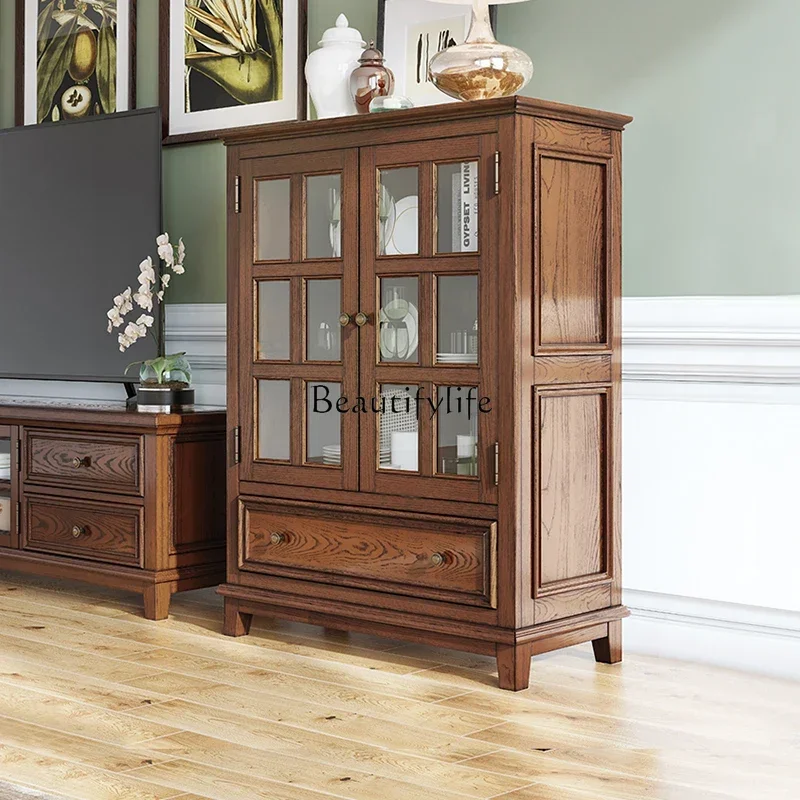 02American rural solid wood wine cabinet retro simple restaurant glass ash wood side cabinet
