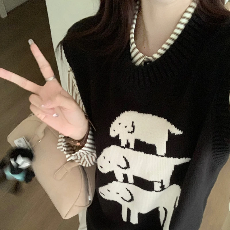 Kawaii Prints Sweater Vests for Women Autumn Preppy Style Girls Knitted Jumpers O-neck All-match Fashion Youths Harajuku Loose