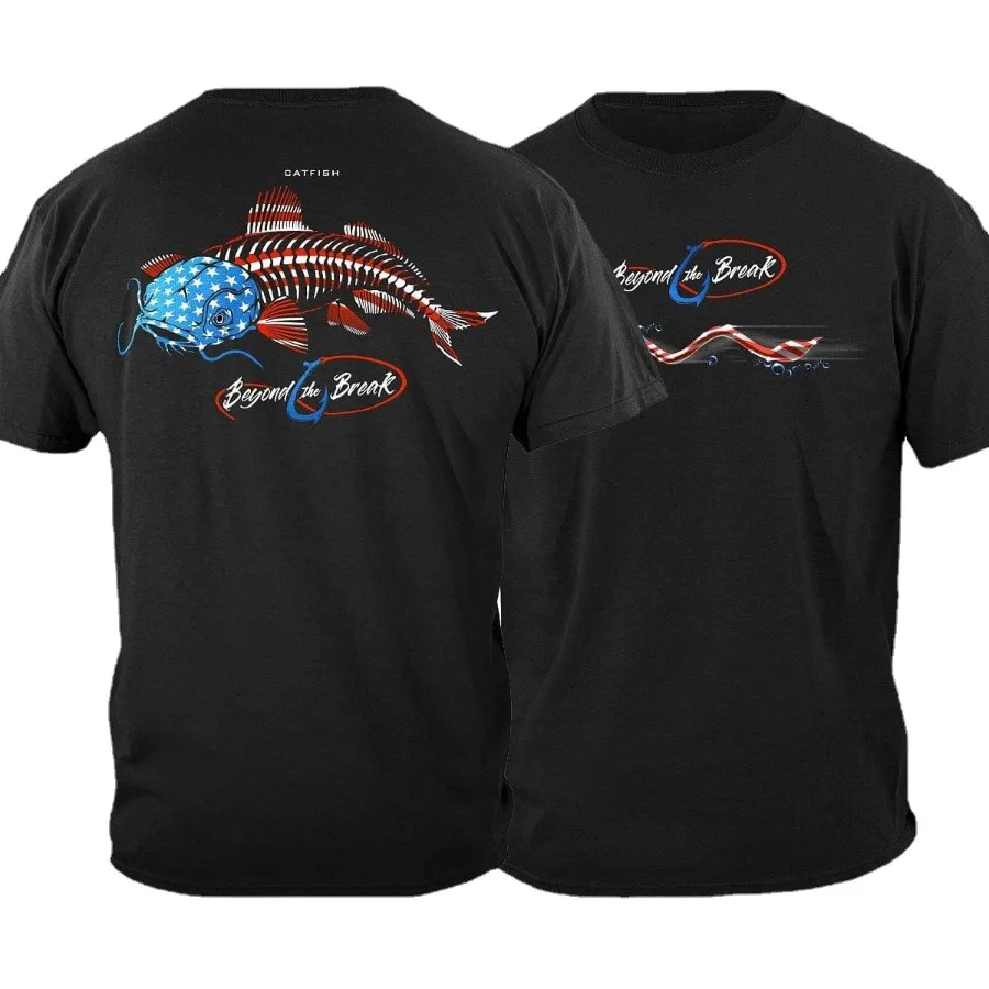 

Novel USA Flag Catfish Skeleton Angler Gift Patriotic T-Shirt Short Sleeve Casual 100% Cotton O-Neck Mens T-shirt Size S-3XL