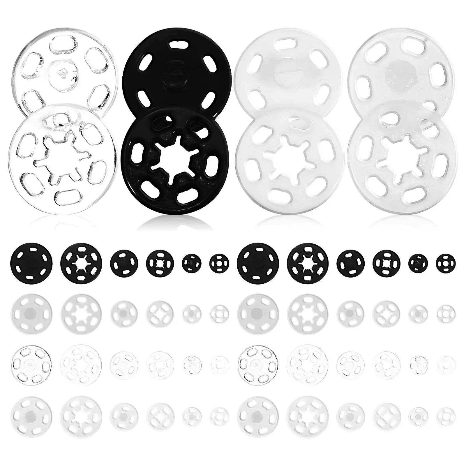 

120 Sets 7mm 10mm 15mm Snap Buttons Black White Transparent Plastic Clothing Fasteners Sewing Snaps DIY Shoe Hat Craft Project