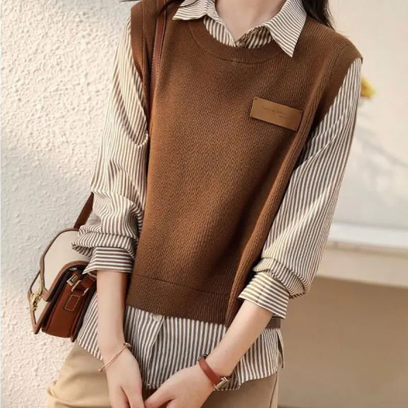 2024 New Streetwear Fake Two Pieces Striped Spliced Shirt Spring Autumn Polo-Neck Female Clothing Fashion Button Casual Blouse