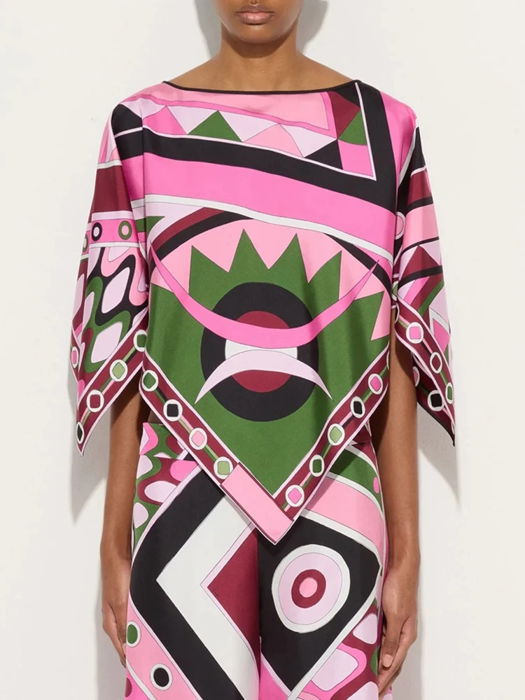 

Весенне-летняя модная винтажная шелковая блузка с геометрическим принтом для женщин, повседневная, для пляжа и активного отдыха, с круглым вырезом, расклешенными рукавами до локтя, свободного кроя