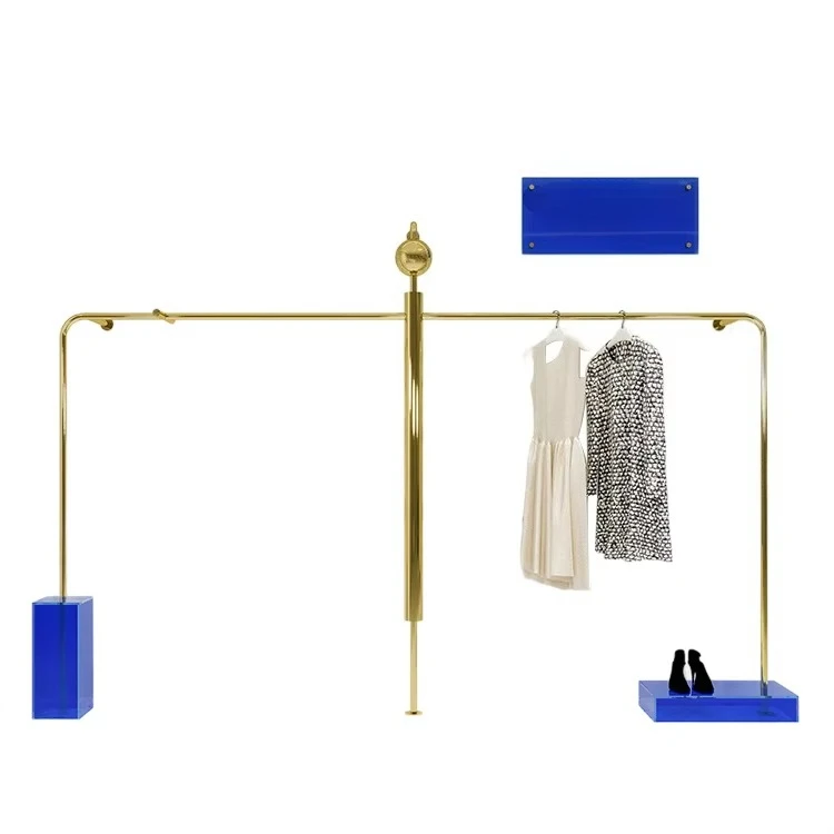 

Polished electroplated clothing display stand Gold acrylic clothing shelf Wall-mounted store