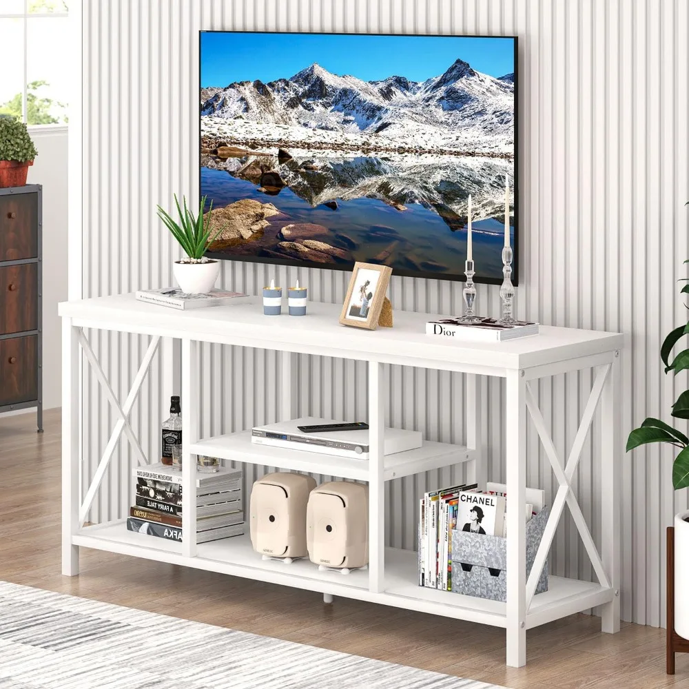 

Modern White TV Stand with Storage Shelves, Entertainment Center for up to 55 inch, Media Console Table and Cabinet fo